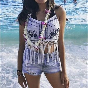 White/Navy Blue Floral Fringe Tank Top Hollister S